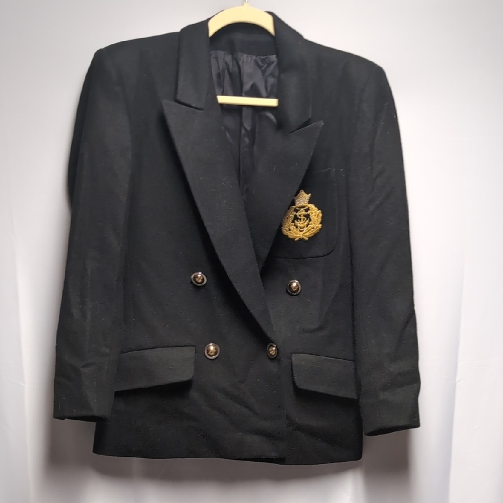 Wool Double-Breasted Blazer with Gold Crest